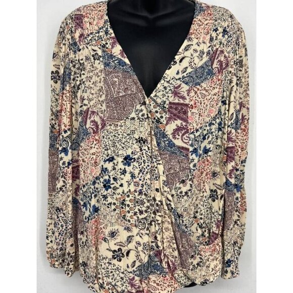 Knox Rose Women Boho Blouse Top Size Large L Pink Floral Long Sleeve V-Neck EUC